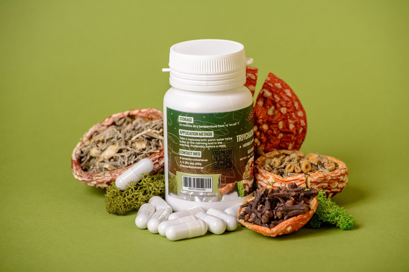 Triychatka antiparasitic with amanita in capsules of 0.5 g